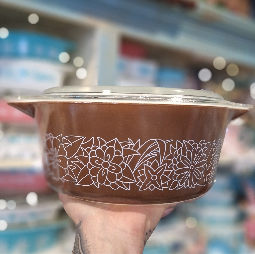 Vintage Pyrex Woodland #475 Casserole Baking Dish, Brown Floral, 1970's Kitchen